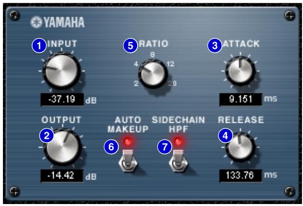 YAMAHA ① INPUT -37.19 dB ⑤ RATIO 8 4 12 2 20 ③ ATTACK 9.151 ms OUTPUT -14.42 dB AUTO MAKEUP SIDECHAIN HPF RELEASE ⑥ ⑦ 133.76 ms
