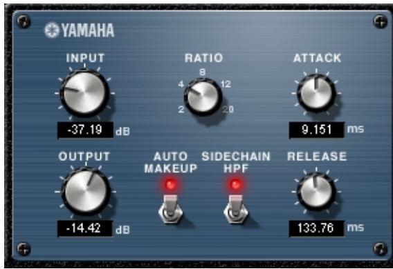 YAMAHA INPUT -37.19 dB RATIO 8 4 12 2 20 ATTACK 9.151 ms OUTPUT -14.42 dB AUTO MAKEUP SIDECHAIN HPF RELEASE 133.76 ms