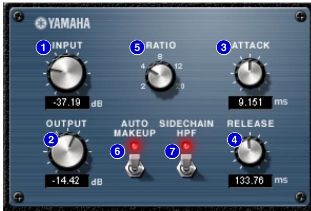 YAMAHA ① INPUT -37.19 dB ⑤ RATIO 8 4 12 2 2.0 ③ ATTACK 9.151 ms OUTPUT -14.42 dB AUTO MAKEUP SIDECHAIN HPF RELEASE ⑥ ⑦ 133.76 ms