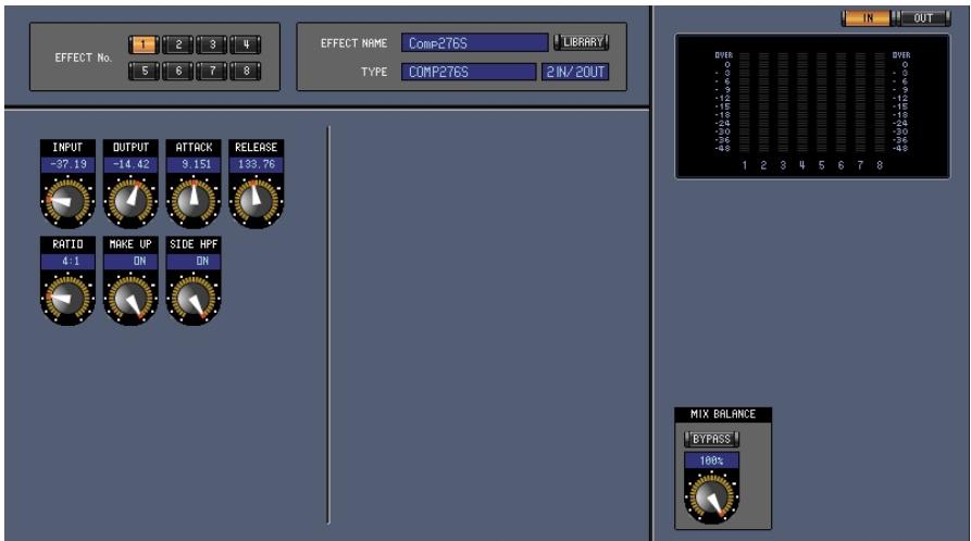 EFFECT NO. 1 2 3 4 5 6 7 8 EFFECT NAME COMP276S LIBRARY TYPE COMP276S 2N/2OUT INPUT OUTPUT ATTACK RELEASE -37.19 -14.42 9.151 133.76 RATIO MAKE UP SIDE HPF 4:1 ON ON IN OUT OVER 0 -6 -12 -15 -18 -24 -28 -34 -40 1 2 3 4 5 6 7 8 MIX BALANCE 1 BYPASS 100%