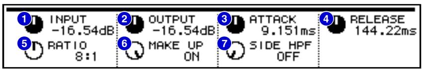 ① INPUT -16.54dB ② OUTPUT -16.54dB ③ ATTACK 9.151ms ④ RELEASE 144.22ms ⑤ RATIO 8:1 ⑥ MAKE UP ON ⑦ SIDE HPF OFF
