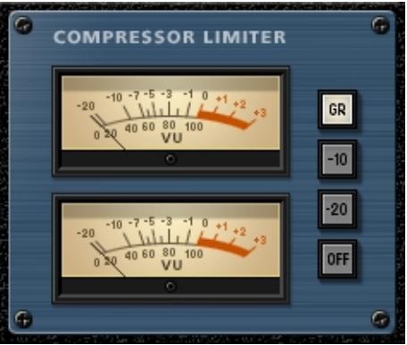 COMPRESSOR LIMITER -20 -10 -7 -5 -3 -1 0 +1 +2 +3 0 20 40 60 80 100 VU GR -10 -20 OFF -20 -10 -7 -5 -3 -1 0 +1 +2 +3 0 20 40 60 80 100 VU