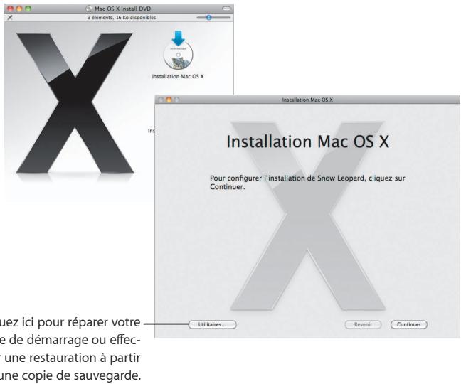 Mac OS X Install DVD 3 éléments, 16 Ko disponibles Installation Mac OS X Installation Mac OS X Pour configurer l'installation de Snow Leopard, cliquez sur Continuer. Utilitaires... Revenir Continuer l'nez ici pour réparer votre de démarrage ou effect une restauration à partir une copie de sauvegarde.