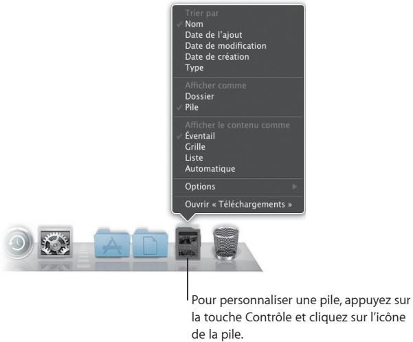 Trier par ✓ Nom Date de l'ajout Date de modification Date de création Type Afficher comme Dossier ✓ Pile Afficher le contenu comme ✓ Eventail Grille Liste Automatique Options Ouvrir « Téléchargements » Pour personnaliser une pile, appuyez sur la touche Contrôle et cliquez sur l'icône de la pile.