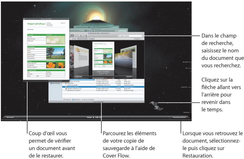 Rapport pluriolique Coup d'œil vous permet de vérifier un document avant de le restaurer. Parcourez les éléments de votre copie de sauvegarde à l'aide de Cover Flow. Lorsque vous retrouvez le document, sélectionnez-le puis cliquez sur Restauration. Dans le champ de recherche, saisissez le nom du document que vous recherchez. Cliquez sur la flèche allant vers l'arrière pour revenir dans le temps.
