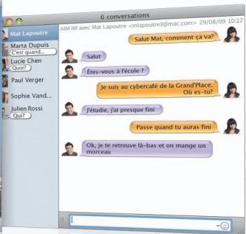 6 conversations AIM IM avec Mat Lapoutre 29/08/09 10:37 Salut Mat; comment ça va? Salut Étes-vous à l'école ? Je suis au cybercafé de la GrandPlace. Où es-tu? fétudie, f'ai presque fini Passe quand tu auras fini Ok, je te retrouve là-bas et on mange un morceau