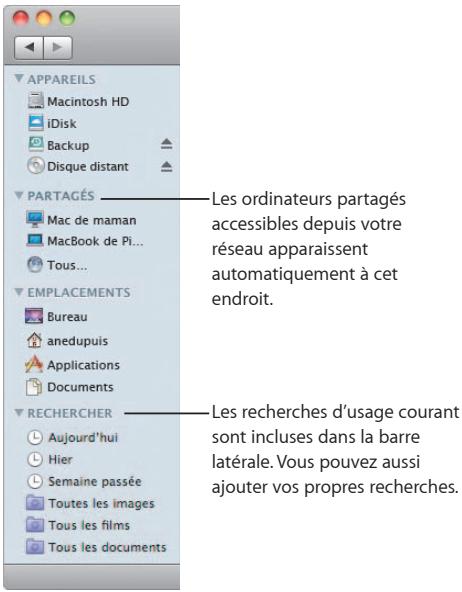 APPAREILS Macintosh HD iDisk Backup Disque distant PARTAGÉS Mac de maman MacBook de Pi... Tous... EMPLACEMENTS Bureau anedupuis Applications Documents RECHERCHER Aujourd'hui Hier Semaine passée Toutes les images Tous les films Tous les documents Les ordinateurs partagés accessibles depuis votre réseau apparaissent automatiquement à cet endroit. Les recherches d'usage courant sont incluses dans la barre latérale. Vous pouvez aussi ajouter vos propres recherches.