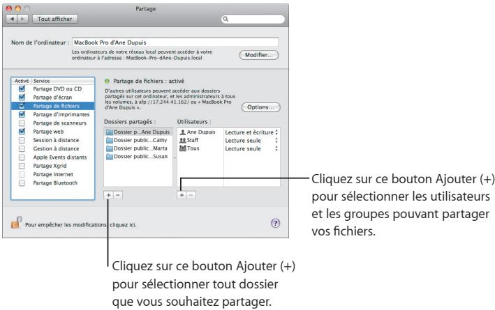Partage Nom de l'ordinateur : MacBook Pro d'Ane Dupuis Les ordinateurs de votre réseau local peuvent accéder à votre ordinateur à l'adresse : MacBook-Pro-d'Ane-Dupuis.local Modifiér... Active: Service Partage DVD ou CD Partage d'écran Partage de fichiers Partage d'imprimantes Partage de scanneurs Partage web Session à distance Gestion à distance Apple Évents distants Partage Xgrid Partage Internet Partage Bluetooth Partage de fichiers : activé D'autres utilisateurs peuvent accéder aux dossiers partagés sur cet ordinateur, et les administrateurs à tous les volumes, à sfp://17.244.41.162/ ou « MacBook Pro d'Ane Dupuis ». Options... Dossiers partagés : Dossier p...Ane Dupuis Dossier public...Cathy Dossier public...Marta Dossier public...Susan Utilisateurs : Ane Dupuis Staff Tous Lecture et écriture : Lecture seule : Lecture seule Pour empêcher les modifications cliquez ici. Cliquez sur ce bouton Ajouter (+) pour sélectionner les utilisateurs et les groupes pouvant partager vos fichiers. Cliquez sur ce bouton Ajouter (+) pour sélectionner tout dossier que vous souhaitez partager.