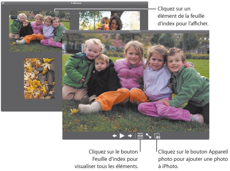4 éléments Cliquez sur un élément de la feuille d'index pour l'afficher. The Kids 3.0 Cliquez sur le bouton Feuille d'index pour visualiser tous les éléments. Cliquez sur le bouton Appareil photo pour ajouter une photo à iPhoto.