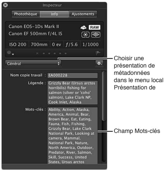 APPLE APERTURE 3.3 - Pour afficher les mots-clés d'une photo à l'aide de la sous-fenêtre Info de la palette de l'inspecteur - 1