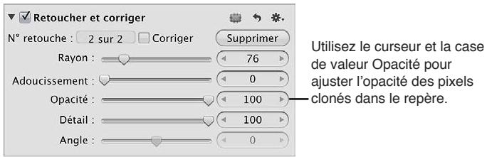 APPLE APERTURE 3.3 - Ajustement du niveau d'opacité à l'intérieur de la zone délimitée par les repères Retoucher et corriger - 2