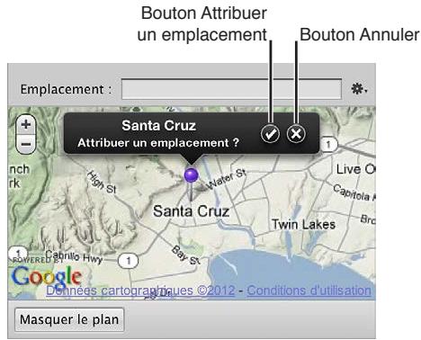 APPLE APERTURE 3.3 - Pour effectuer un zoom avant ou arrière sur la carte affichée dans la sous-fenêtre Carte de l'inspecteur d'informations - 8