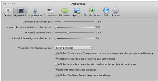APPLE APERTURE 3.3 - Préférences de la sous-fenêtre Apparence - 1