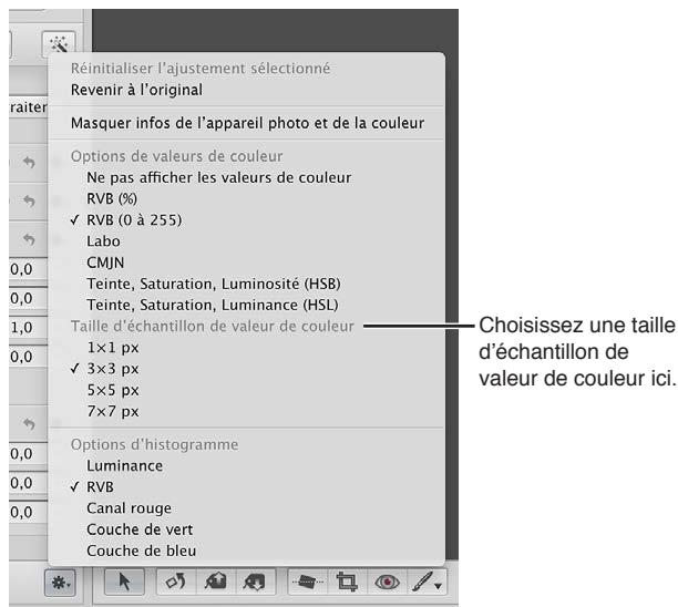 APPLE APERTURE 3.3 - Pour choisir une taille d'échantillonnage de valeurs de couleur (zone de pixels) pour le colorimètre - 1