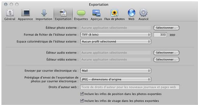 APPLE APERTURE 3.3 - Préférences de la sous-fenêtre Exporter - 1