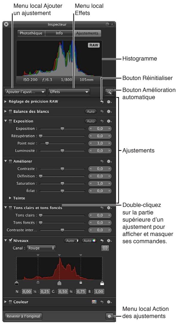 APPLE APERTURE 3.3 - Pour afficher la sous-fenêtre Ajustements de la palette de l'inspecteur - 1