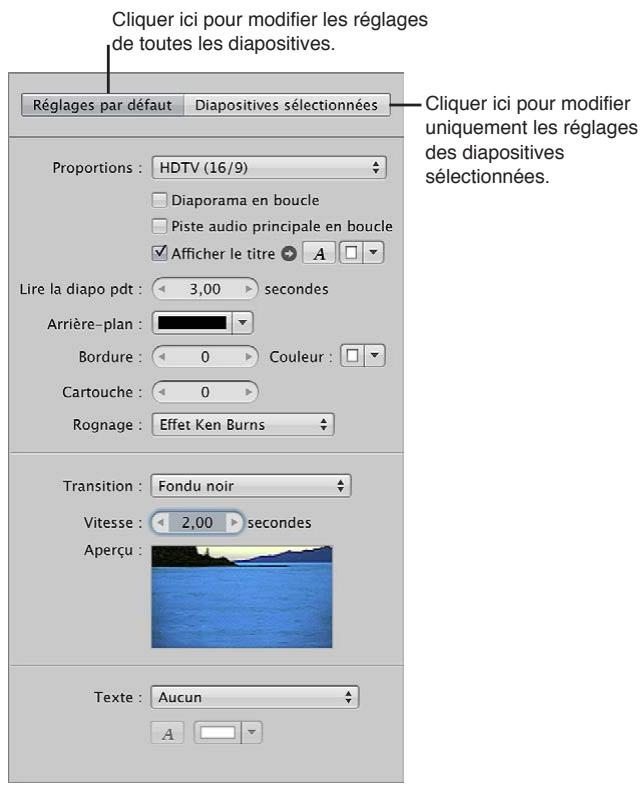 APPLE APERTURE 3.3 - Pour afficher les commandes Réglages par défaut et Diapositives sélectionnées - 1