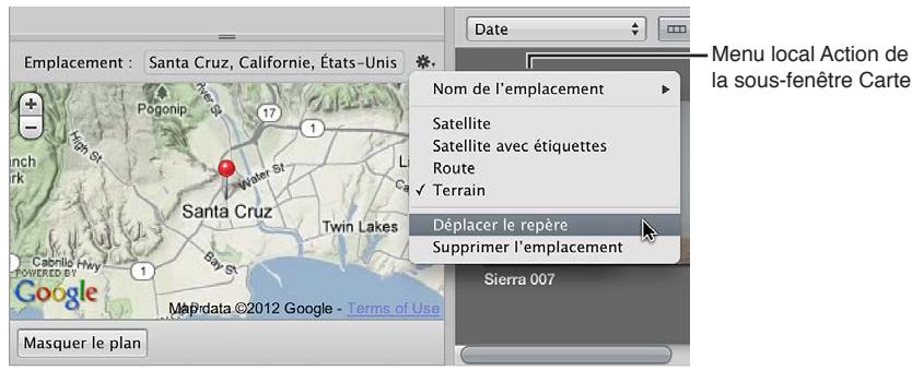 APPLE APERTURE 3.3 - Pour effectuer un zoom avant ou arrière sur la carte affichée dans la sous-fenêtre Carte de l'inspecteur d'informations - 6