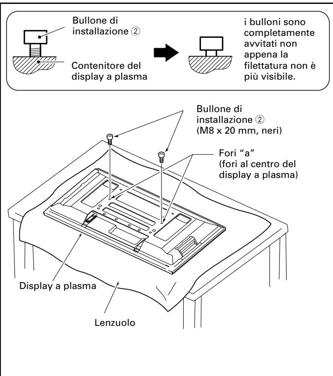 PIONEER PDK-TS24 - Con il display a plasma in posizione orrizzontale, inserte e serrate i due bulloni d'installazione (2) (M8× 20mm neri) nei fori "a" positizioni at al centro del contentatore del display a plasma. - 1