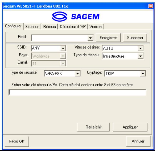 SAGEM WL5021F PCMCIA CARD - 2.2) Cas du cryptage wpa-psk : - 1