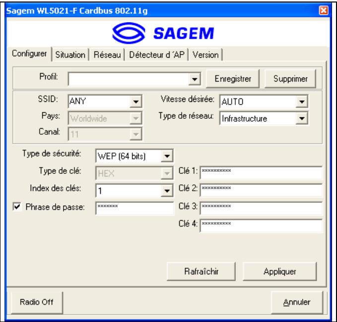 SAGEM WL5021F PCMCIA CARD - Génération des clés WEP à partir d'une « phrase de passe - 1