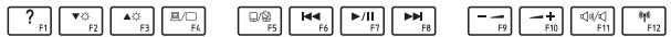 ? F1 ▼ F2 ▲ F3 □/□ F4 Q/□ F5 ◀◀ F6 ▶/|| F7 ▶◀ F8 — — F9 — + F10 ◀/◀/□ F11 ▶◀ F12