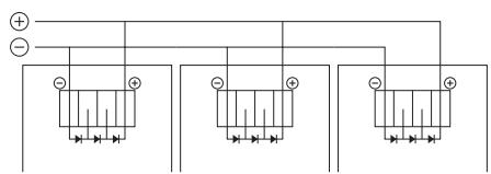 Electrical circuit diagram showing three parallel branches with positive and negative terminals and current direction indicators