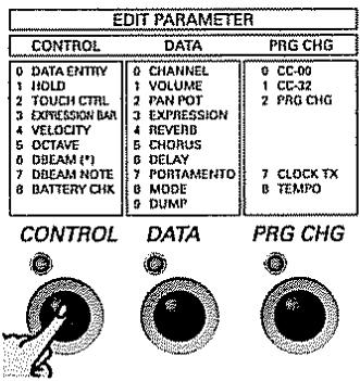 EDIT PARAMETER CONTROL DATA PRG CHG 0 DATA ENTRY 0 CHANNEL 0 CC-00 1 HOLD 1 VOLUME 1 CC-32 2 TOUCH CTRL 2 PAN POT 2 PRG CHG 3 EXPRESSION BAR 3 EXPRESSION 4 VELOCITY 4 REVERB 5 OCTAVE 5 CHORUS 6 DBEAM (*) 6 DELAY 7 DBEAM NOTE 7 PORTAMENTO 7 CLOCK TX 8 BATTERY CHK 8 MODE 8 TEMPO 9 DUMP CONTROL DATA PRG CHG