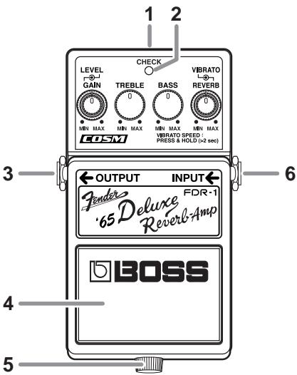 LEVEL GAIN TREBLE BASS VBRATO REVERB 0 0 0 0 MIN MAX MIN MAX MIN MAX MIN MAX EOSM VBRATO SPEED : PRESS & HOLD (>2 sec) OUTPUT INPUT Fender 65 Deluxe FDR-1 Reverb-Amp BOSS 3 6 4 5