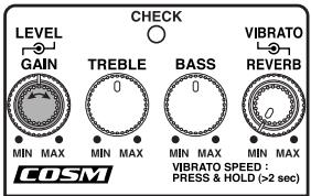 LEVEL GAIN TREBLE 0 BASS 0 VIBRATO REVERB MIN MAX MIN MAX MIN MAX MIN MAX COSM CHECK VIBRATO SPEED : PRESS & HOLD (>2 sec)