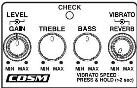 LEVEL GAIN 0 MIN MAX TREBLE 0 MIN MAX BASS 0 MIN MAX VIBRATO REVERB 0 MIN MAX VIBRATO SPEED : PRESS & HOLD (>2 sec) COSM