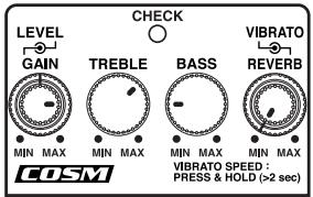 LEVEL GAIN MIN MAX CHECK TREBLE BASS MIN MAX MIN MAX VIBRATO REVERB COSM VIBRATO SPEED : PRESS & HOLD (>2 sec)