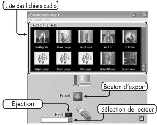 Liste des fichiers audio Audio Key Utility 3 File Setup Help Audio File Sets No Regrets Blues Loops Jazz Loops Ad Lib C Modal Major Loops Minor Loops 9th Loops Guitar&Drums Seven Won... Ejection Export Bouton d'export Sélection de lecteur Eject
