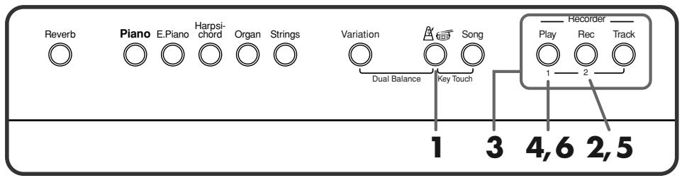 Reverb Piano E.Piano Harpsi-chord Organ Strings Variation Dual Balance Key Touch 1 3 4,6 2,5 Recorder Play Rec Track 1 2