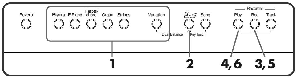 Reverb Piano E.Piano Harpsichord Organ Strings Variation Dual Balance Key Touch 1 2 4,6 3,5 Recorder Play Rec Track