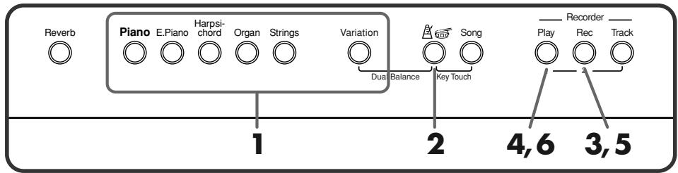 Reverb Piano E.Piano Harpsi- chord Organ Strings Variation Dual Balance Key Touch Song Recorder Play Rec Track 1 2 4,6 3,5