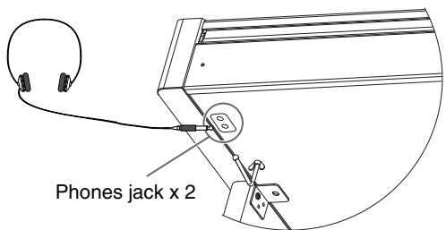 ROLAND HP103E - Plug the headphones into the Phones jack located at the bottom left of the piano. - 1