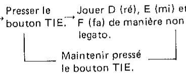 Presser le Jouver D (ré), E (mi) et bouton TIE:→ F (fa) de manière non legato. Maintenir pressé le bouton TIE.