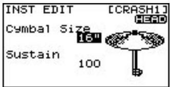 INST EDIT [CRASH1] Cymbal Size 16" Sustain 100