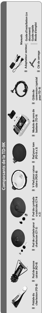 Composants de la TD-9K Pédale du charleston (FD-8) Pad de grosse caisse (KD-8) Pad de cymbale pour charleston (CY-5) Pad de cymbale crash/ride (CY-8 x 2) V-Pad pour caisse claire (PDX-8) Pad pour tom (PD-8 x 3) Module de sons de batterie (TD-9) Câble de connexion (spécial pour TD-9) Adaptateur secteur Manuels Guide d'installation (ce document) Guide rapide Mode d'emploi Clé de serrage