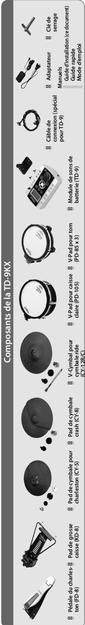 Composants de la TD-9KX Pédale du charles- ton (FD-8) Pad de grosse caisse (KD-8) Pad de cymbale pour charleston (CY-5) Pad de cymbale crash (CY-8) V-Cymbal pour cymbale ride (CY-12R/C) V-Pad pour caisse claire (PD-105) V-Pad pour tom (PD-85 x 3) Module de sons de batterie (TD-9) Câble de connexion (spécial pour TD-9) Adaptateur Manuels Clé de serrage Guide d'installation (ce document) Guide rapide Mode d'emploi