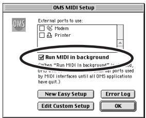OMS MIDI Setup External ports to use: Modern Printer ✓ Run MIDI in background When "Run MIDI in background" is used, then it is not used. The ports used by MIDI interfaces until all OMS applications have quit.) New Easy Setup Error Log Edit Custom Setup OK