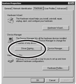 System Properties General Network Identification Hardware Users Profiles Advanced Hardware Wizard The Hardware Wizard helps you install, uninstall, repair, unplug, reset, and configure your hardware. Hardware Wizard... Device Manager The Device Manager lists all the hardware devices installed in the middle of any device. Device Manager to change the device's components of any device. Driver Signing... Device Manager... Hardware Office Hardware Office provides a help for you to set up and store different hardware configurations. Hardware Profiles... OK Cancel Save