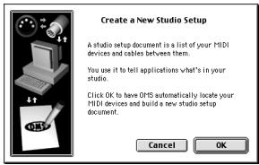 Create a New Studio Setup A studio setup document is a list of your MIDI devices and cables between them. You use it to tell applications what's in your studio. Click OK to have OTIS automatically locate your MIDI devices and build a new studio setup document. Cancel OK