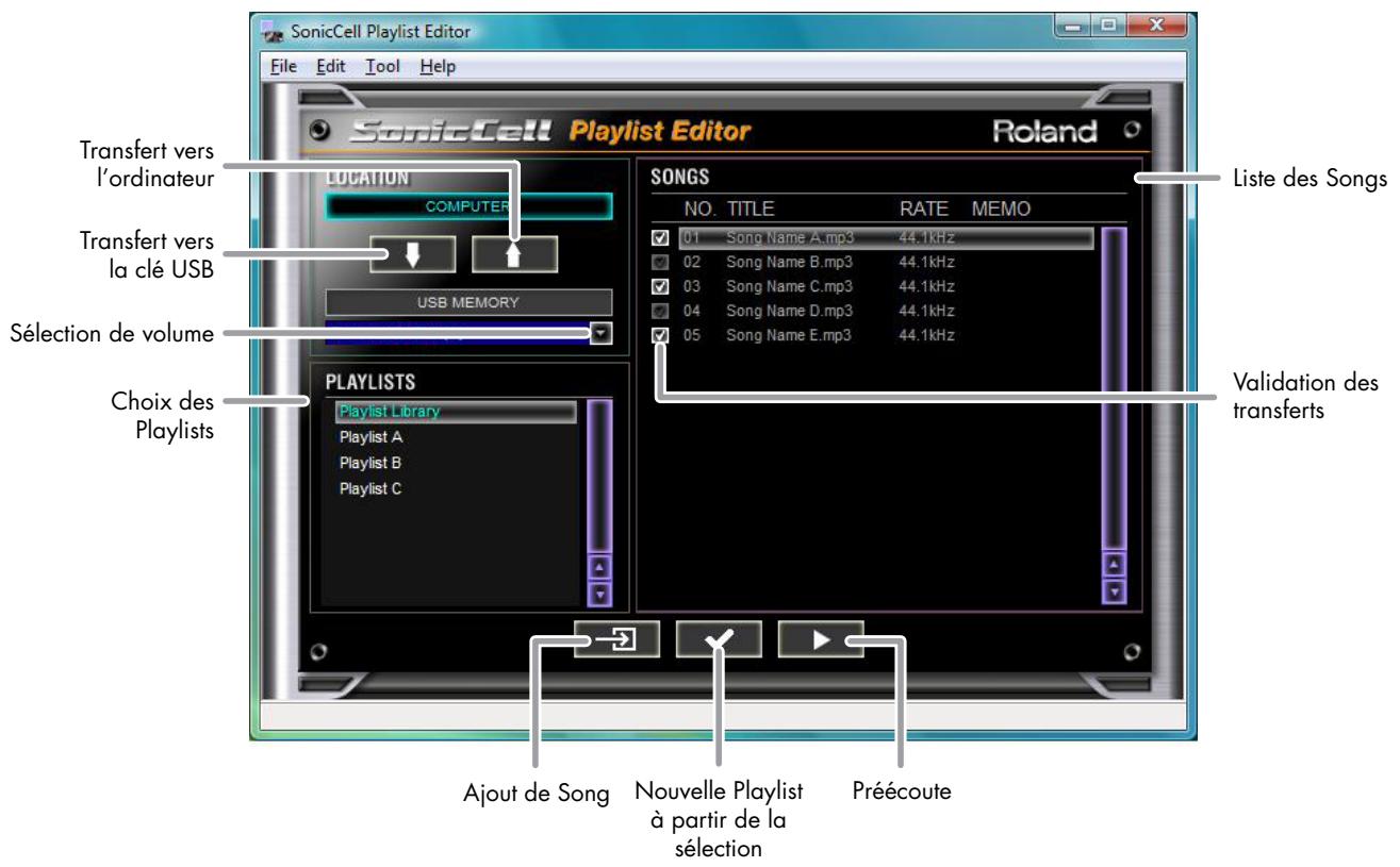 SonicCell Playlist Editor File Edit Tool Help SonicCell Playlist Editor Roland Transfert vers l'ordinateur Location COMPUTER Sélection de volume USB MEMORY CHOIX DES PLAYLISTS LISTS PLAYLISTS Playlist Library Playlist A Playlist B Playlist C Ajust de Song Nouvelle Playlist à partir de la sélection Préécoute Liste des Songs SONGS NO. TITLE RATE MEMO 01 Song Name A.mp3 44.1kHz 02 Song Name B.mp3 44.1kHz 03 Song Name C.mp3 44.1kHz 04 Song Name D.mp3 44.1kHz 05 Song Name E.mp3 44.1kHz Validation des transferts