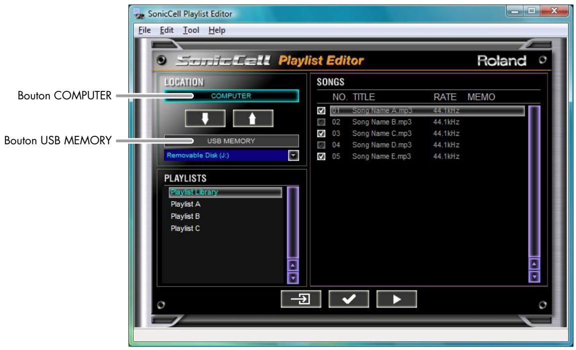 SonicCell Playlist Editor File Edit Tool Help SonicCell Playlist Editor Roland LOCATION COMPUTER USB MEMORY Removable Disk (J:) SONGS NO. TITLE RATE MEMO 01 Song Name A.mp3 44.1kHz 02 Song Name B.mp3 44.1kHz 03 Song Name C.mp3 44.1kHz 04 Song Name D.mp3 44.1kHz 05 Song Name E.mp3 44.1kHz Bouton COMPUTER Bouton USB MEMORY PLAYLISTS Playlist Library Playlist A Playlist B Playlist C