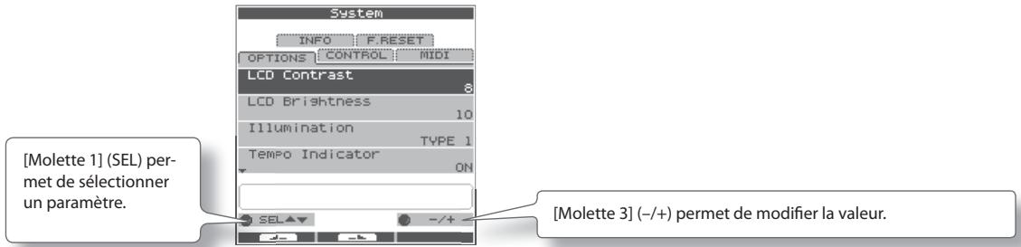[Molette 1] (SEL) permet de sélectionner un paramètre. System INFO F.RESET OPTIONS CONTROL MIDI LCD Contrast 8 LCD Brightness 10 Illumination TYPE 1 Tempo Indicator ON SEL -/+- [Molette 3] (-/+) permet de modifier la valeur.