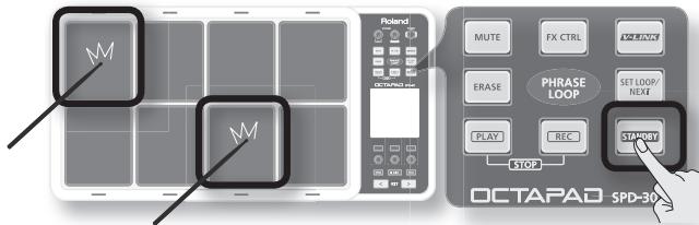 ROLAND SPD-30 - Maintenez le bouton [STANDBY] enfoncé et faites votre sélection en frappant le pad voulu ou en tournant [Molette 1] (MEAS) ou [Molette 2] (BEAT). - 1