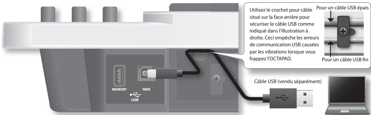 Utilisez le crochet pour câble situé sur la face arrière pour sécuriser le câble USB comme indiqué dans l'illustration à droite. Ceci empêche les erreurs de communication USB causées par les vibrations lorsque vous frappez l'OCTAPAD. Pour un câble USB épais Pour un câble USB fin Câble USB (vendu séparément)