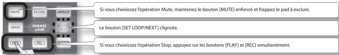 Si vous choisissez l'opération Mute, maintenez le bouton [MUTE] enfoncé et frappez le pad à exclure. Le bouton [SET LOOP/NEXT] clignote. Si vous choisissez l'opération Stop, appuyez sur les boutons [PLAY] et [REC] simultanément.